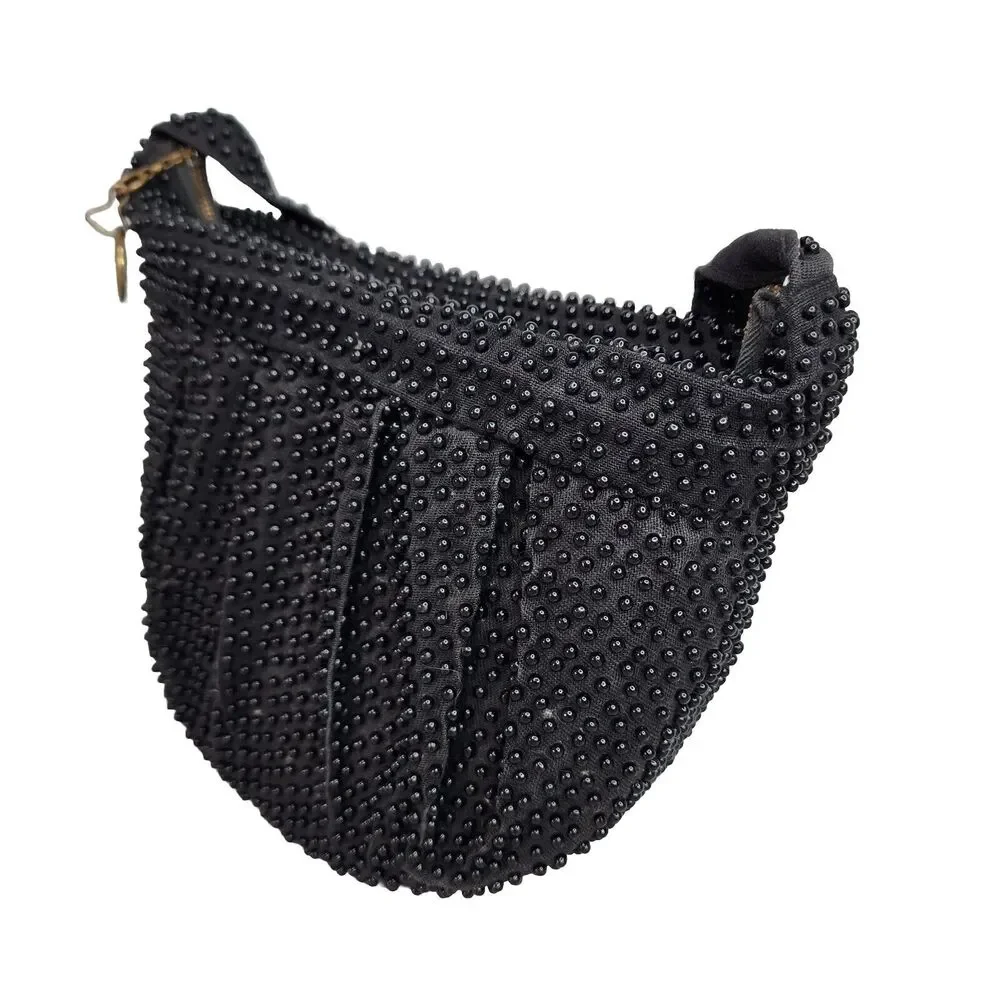 Vintage Plastic Beaded Bag Pleated Satchel Crescent Black Zippered Closure